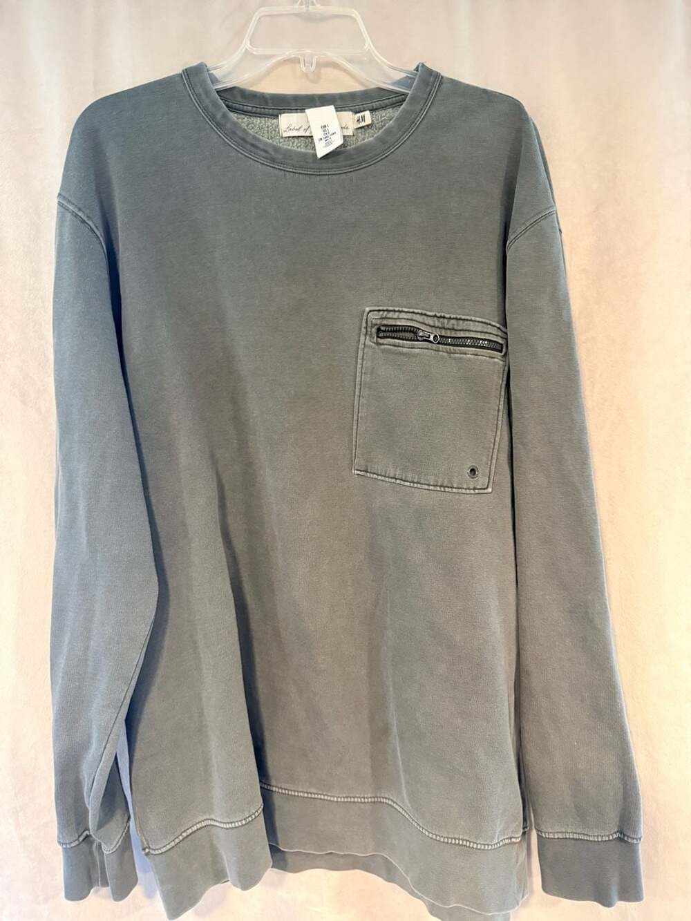 H&M L.O.G.G. Washed Grey Crewneck Sweatshirt with Zipper Chest Pocket Size L